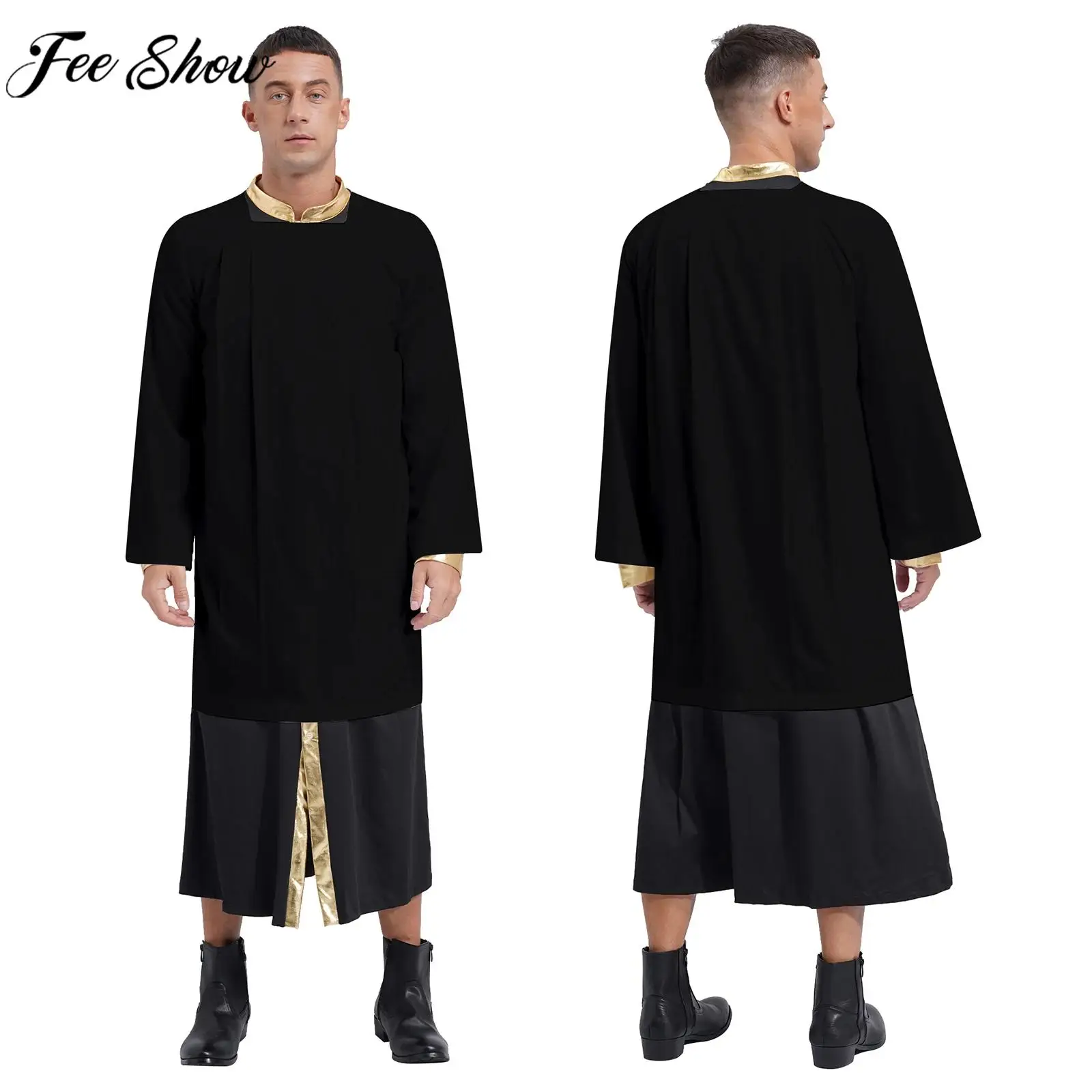 Men Catholic Church Clergy Priest Surplice Flare Sleeve Pleated Robe Choir Worship Cotta Vestment for Halloween Party Cosplay