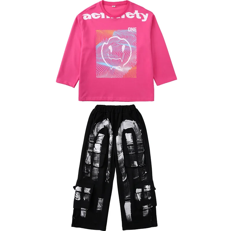 Dziecięca odzież Kpop Hip Hop Bluza z nadrukiem róży Czarne spodnie cargo z wieloma kieszeniami dla dziewczynki i chłopca Strój do tańca ulicznego