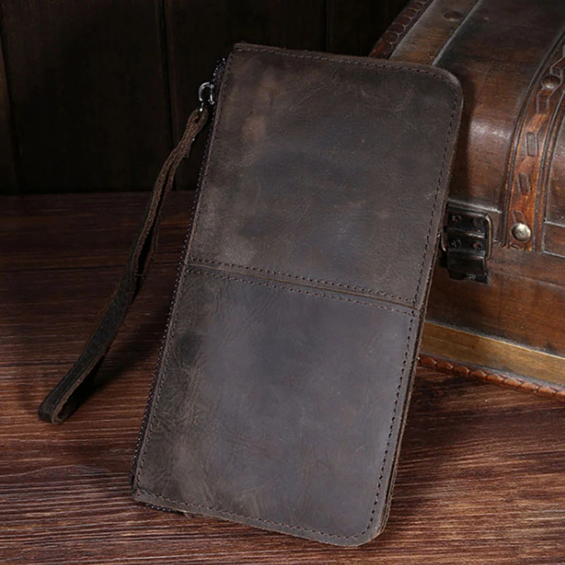 High Quality Crazy Horse Cowhide Wrist Purse Handy Pocket Male Cell Phone Case Coin Retro Genuine Leather Men Clutch Bag Wallet