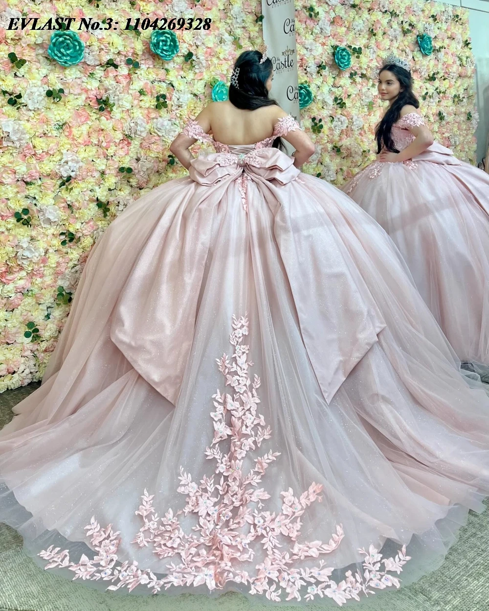 فستان Quinceanera من الدانتيل الوردي اللامع حسب الطلب من EVLAST مزين بالخرز مشد فيونكة حلوة 16 فيستدو دي 15 أنوس E3Q496