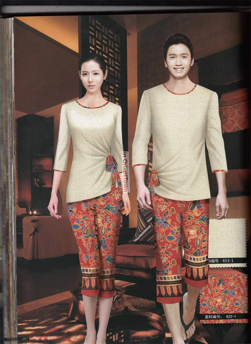 Primavera Otoño Invierno Hotel SPA masaje ropa de trabajo sudeste asiático estilo étnico tailandés Clubhouse conjunto de uniforme para hombres y mujeres