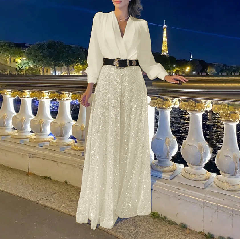 jumpsuit Women Spring Autumn, High-end V-neck Long Sleeved Shirt, Elegant Temperament, Cinched Waist, Sequins, French Wide Legs