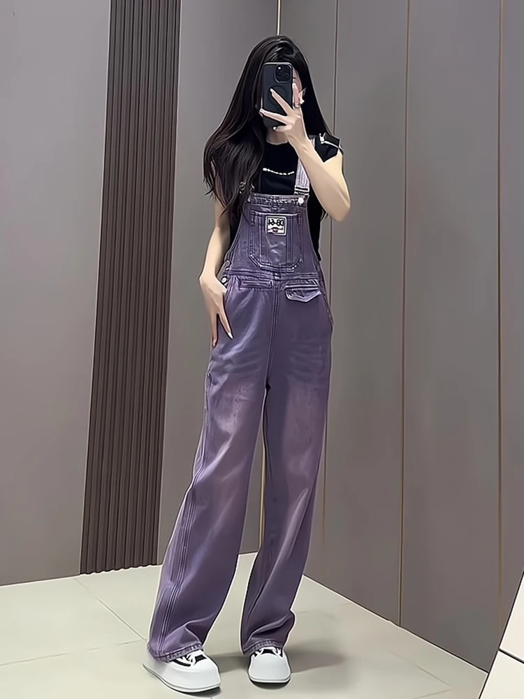 

Purple Denim Overalls Women's 2025 New Orange Design Straight Leg Wide Leg Jumpsuit Street Sle Sport Casual Polyester Fiber