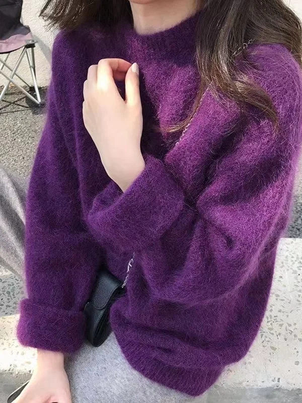 

Soft Purple Knitted Long Sve Women's Sweater Casual Loose round Ne Autumn New Sle Comfortable High Quali Top
