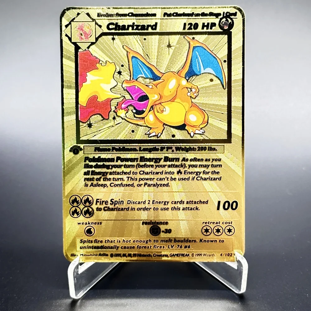 

Металлические коллекционные карты Pokemon PTCG 1996 1-го издания: Чаризард, Венузавр, Эмбреон, Мьют. Классические игровые аниме-карты. Подарок, игрушка.