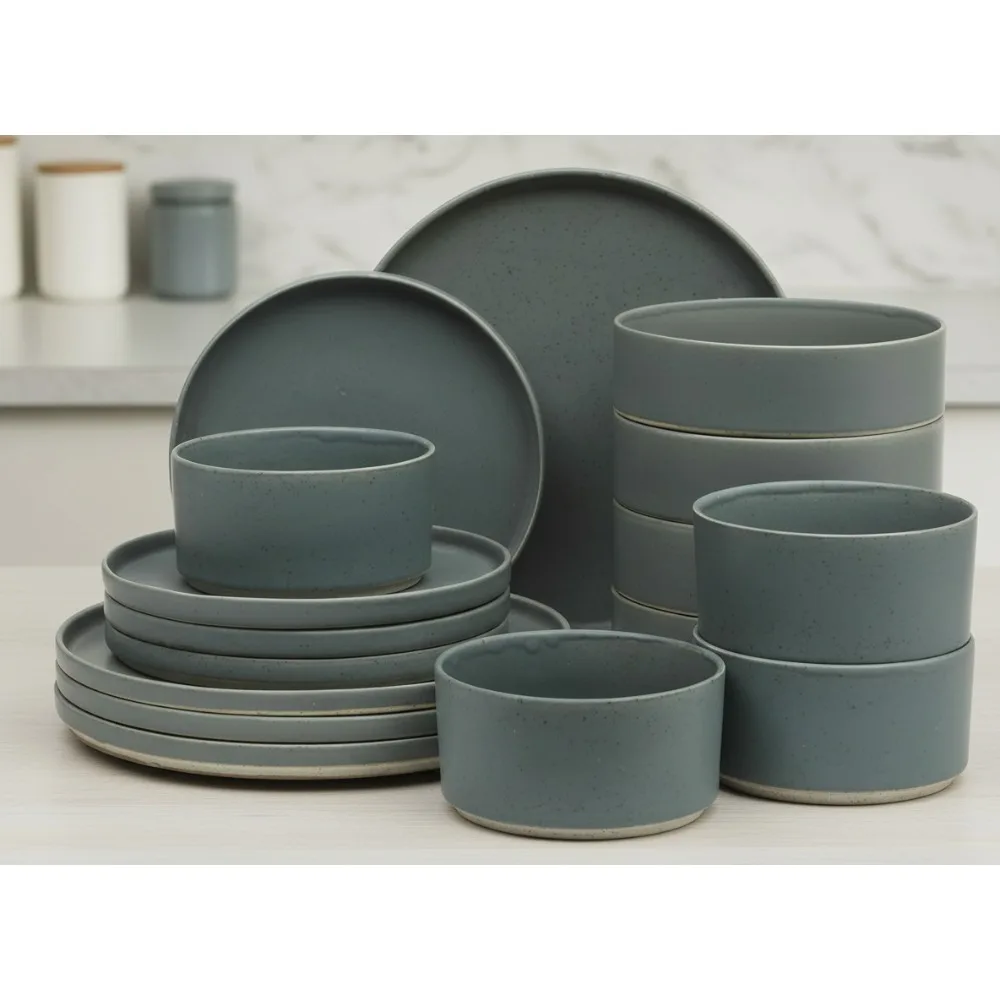 

Premium Porcelain Matte Dinnerware Set 16-Piece Stackable Plates Bowls Blue Reactive Glaze Service for 4