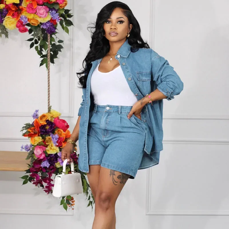 

Уличная одежда, комплект джинсовых шорт, женский комплект из двух предметов, повседневные комплекты с отложным воротником и карманами, рубашка на пуговицах, топ и шорты, комплекты одежды