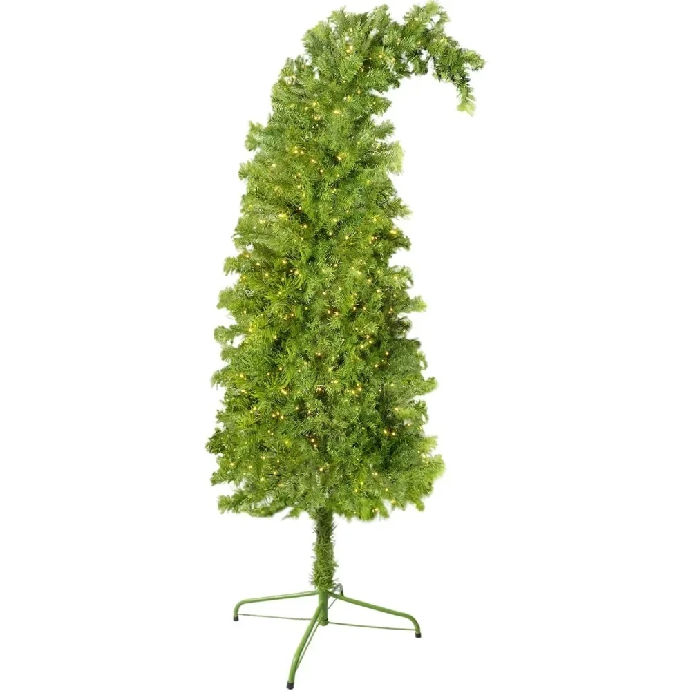 6FT Whimsical Christmas Tree Prelit with Lights, Lime Green Bent Tall Christmas Tree with Metal Base for Christmas.