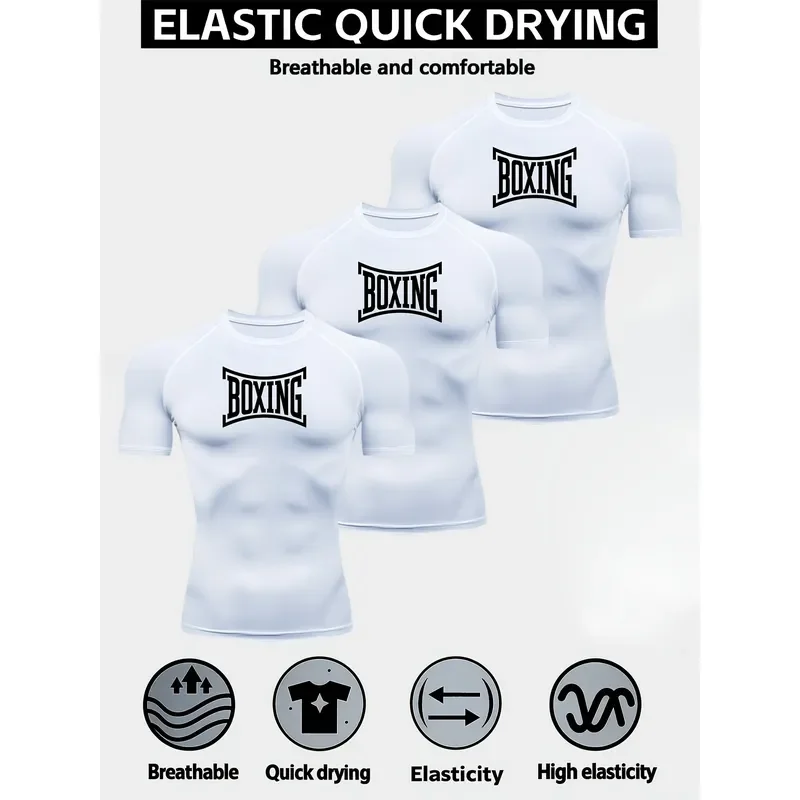 Men's 3-Piece Tight-Fitting Compression Fitness T-Shirt Breathable Quick-Drying Elastic Fit Comfortable for Running Ball