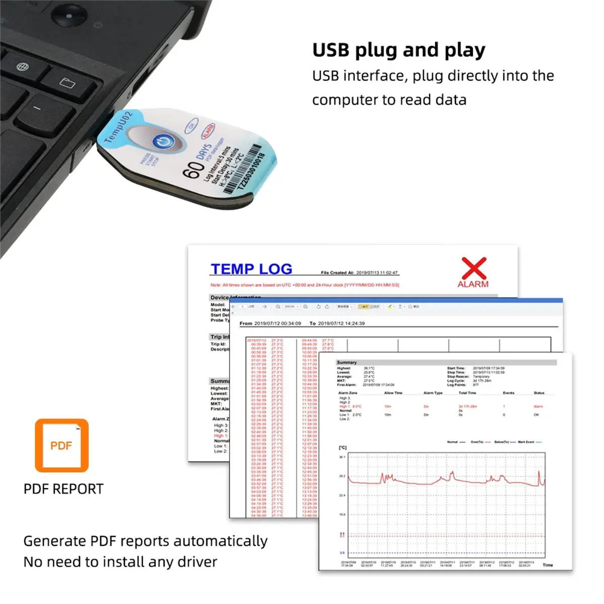 NEW DT85-USB Temperature Data Logger Disposable 60 Days PDF Datalogger Waterproof Temp Recorder Transport Food Seafood Recorder