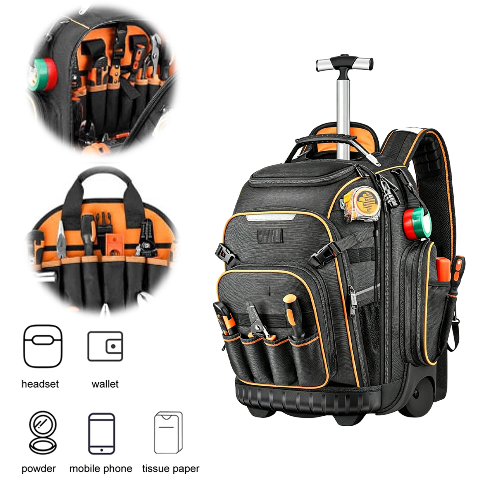 Tool Backpack USB Charging Port Electrician Backpack Waterproof Base Rolling Electrician Bag for Electricians & Home Repair