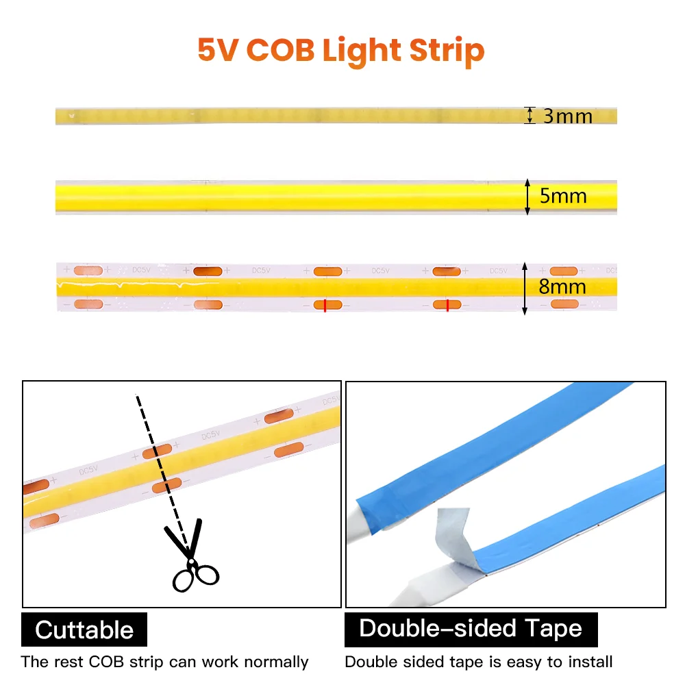 3mm Ultra cienki pilot pasek COB LED światła DC5V 5mm 8mm supercienkie liniowy elastyczny listwa LED taśma wstążkowa do oświetlenia dekoracja