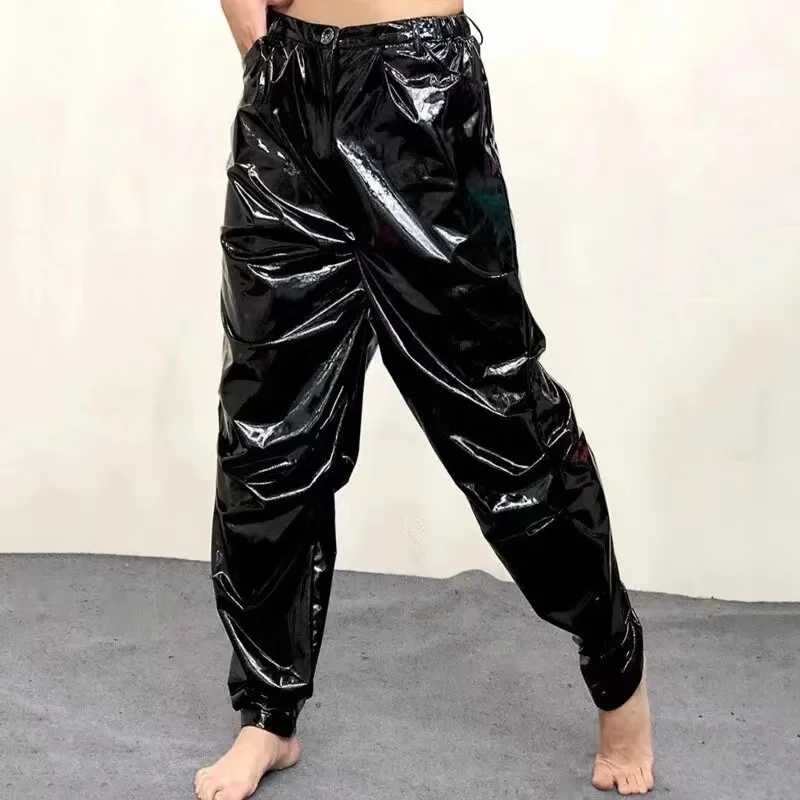 Men's Casual Patent Leather Jogger Pants Loose Bloomers Cargo Pants Elastic Waist Wide Leg Straight Trouser Nightclub Custom New