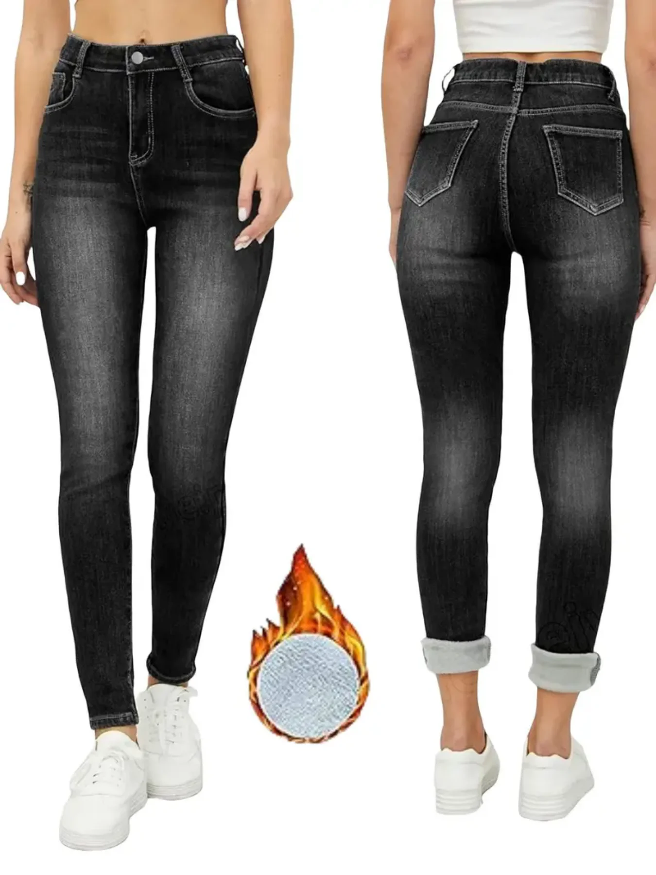 Thickened Warm Stretchy Slim Fit Skinny Versatile Women's Fleece Lined Jeans