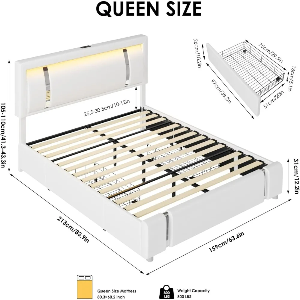 Queen Bed Frame with RGB LED Lights Headboard & 2 Storage Drawers,USB USB-C Charging Ports,No Box Spring Needed, White furniture