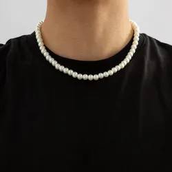 Simple Imitation-Pearl Beaded Short Choker Necklace for Men Trendy White Beaded Chains on Neck Accessories 2023 Fashion Jewelry