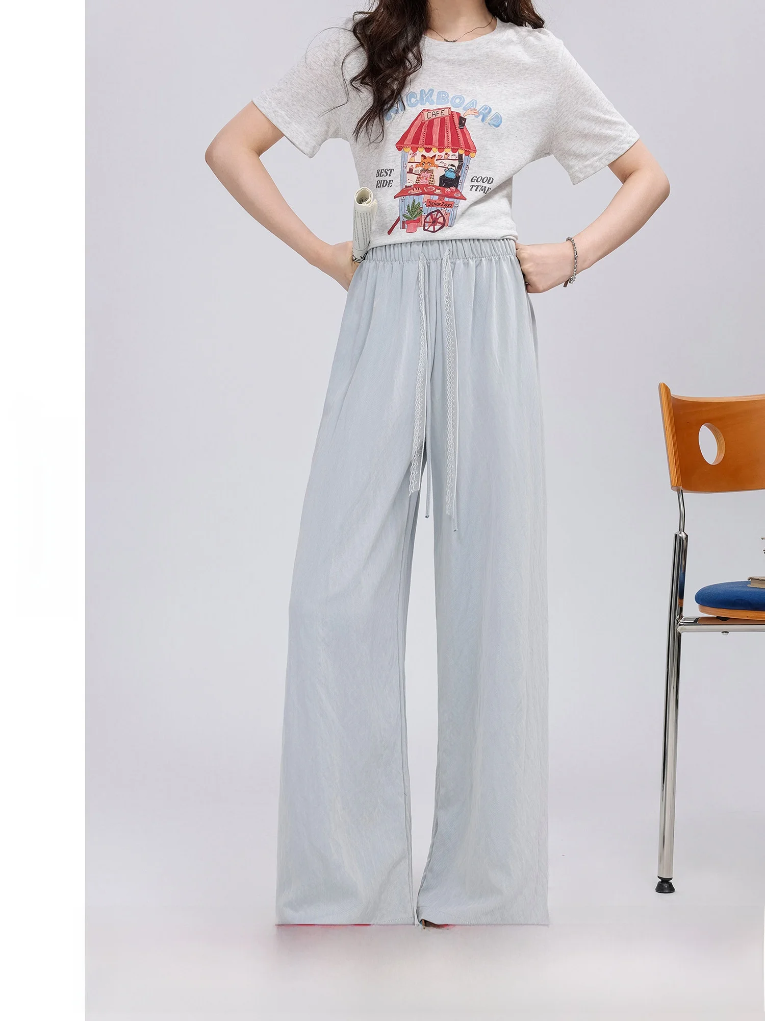 

New Arrival Oxygen Sensation High Waist Wide Leg Casual Pants Elastic Waist Loose Fit Ladies Faion Polyester Fiber
