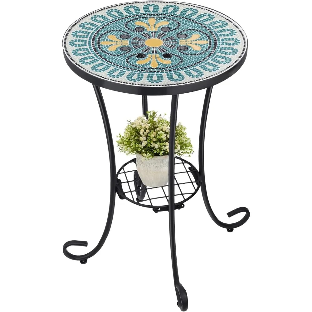 

VCUTEKA Outdoor Side Mosaic Patio Table Accent Mosaic Tile Top Metal Frame Small End Porch Beach Patio