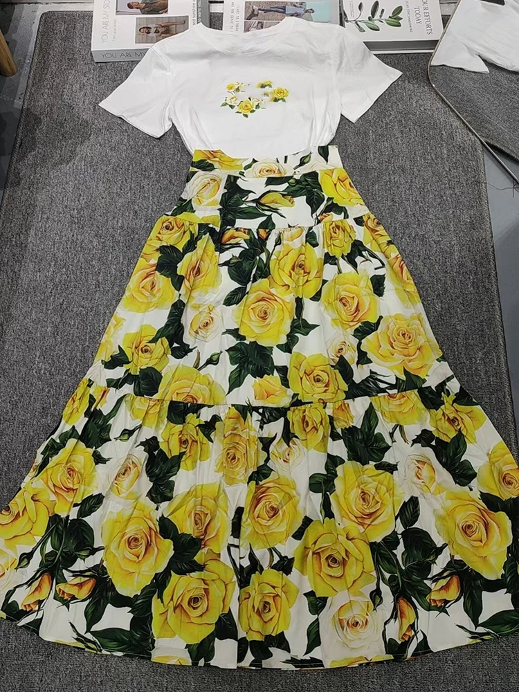 Retro and elegant spring and summer new T-shirt printed shirt short sleeve blouse +A word big skirt fashion two-piece suit