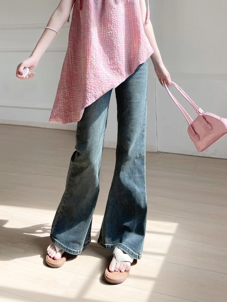 

Джинсы-клеш с высокой талией для женщин, летний дизайн, свободные, стройнящие, широкие штанины, модные, в стиле High Street, темно-синий цвет