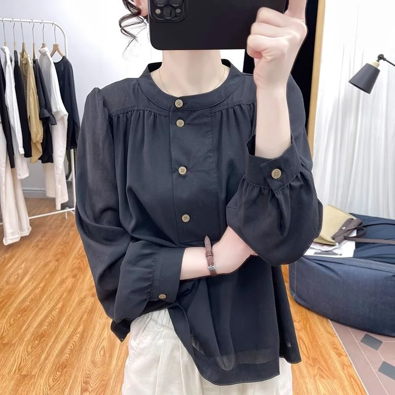 

Autumn Literary Retro Design Stand-up Collar Loose Long-sleeved Shirt Women's Tops 2025 New Puff Sleeve Shirt Trend