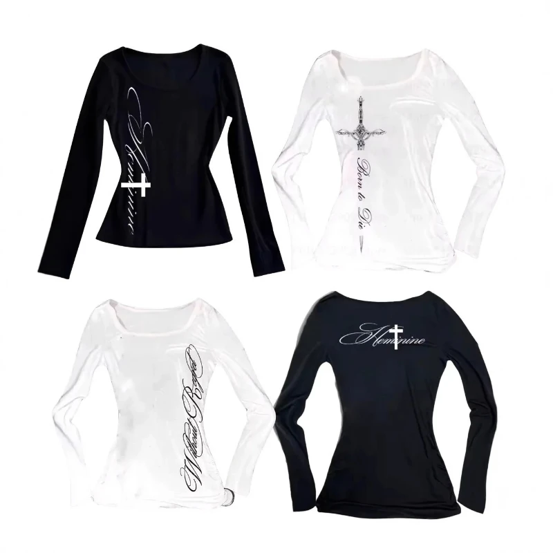 Gothic Dark Kreative Kreuz Brief Druck Schlank Emo Mädchen Langarm T-shirt Europa Amerika Frühling Herbst Bodenbildung Casual Tops