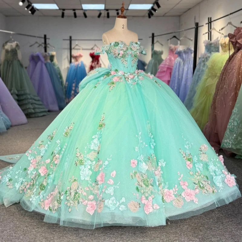 

Мятно-зеленые блестящие платья Quinceanera с открытыми плечами и блестками, аппликация, цветок, бусы, бант, тюлевое бальное платье для вечеринки, дня рождения, Vestidos De