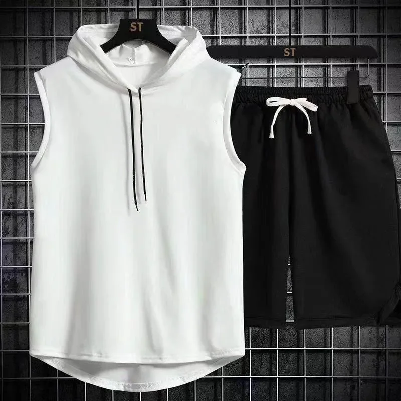 

New Men Oversized Tracksuit Set Sleeveless Hood T Shirts Shorts Pants Sports Vest 2 Piece Suits Summer Gym Workout Hoodie Tops