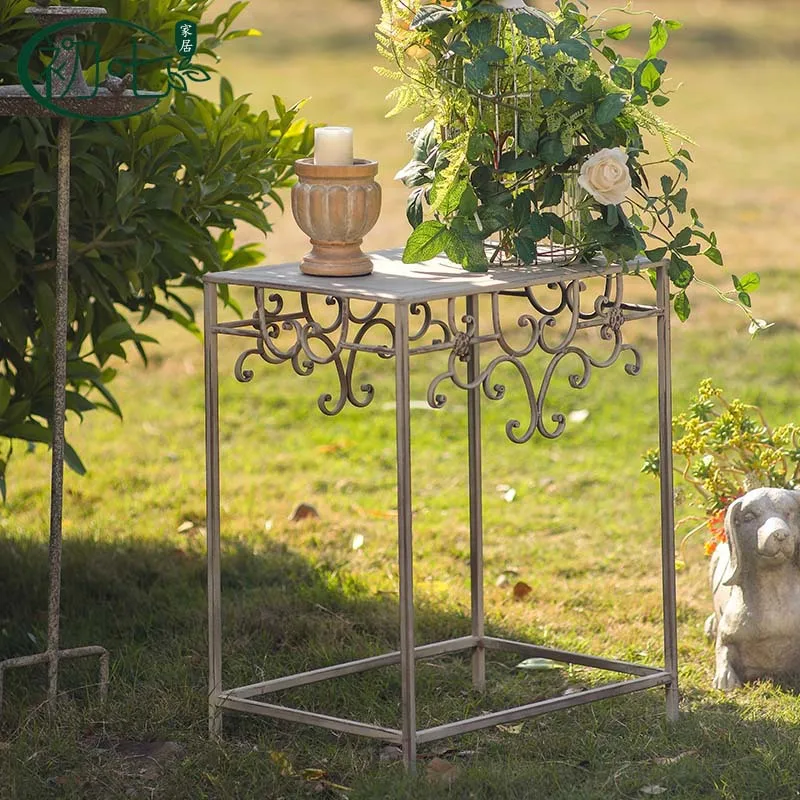 Romantic outdoor side table balcony wrought iron decorative flower stand cafe combination table retro old small square table
