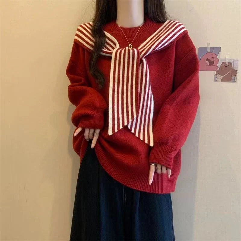 

Fashion Patchwork Knit Sweater for Women Korean Chic Stripe Lace Up Loose Pullover Y2K Harajuku Solid O Neck Long Sleeve Jumper