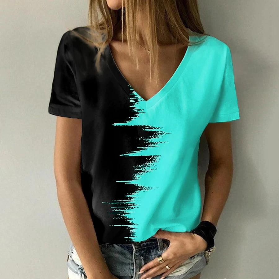 Summer Women\'s Fashion Abstract 3D Printed Painting T Shirt Color Block Print V Neck Basic Tops Loose Shirt fashion Pullover