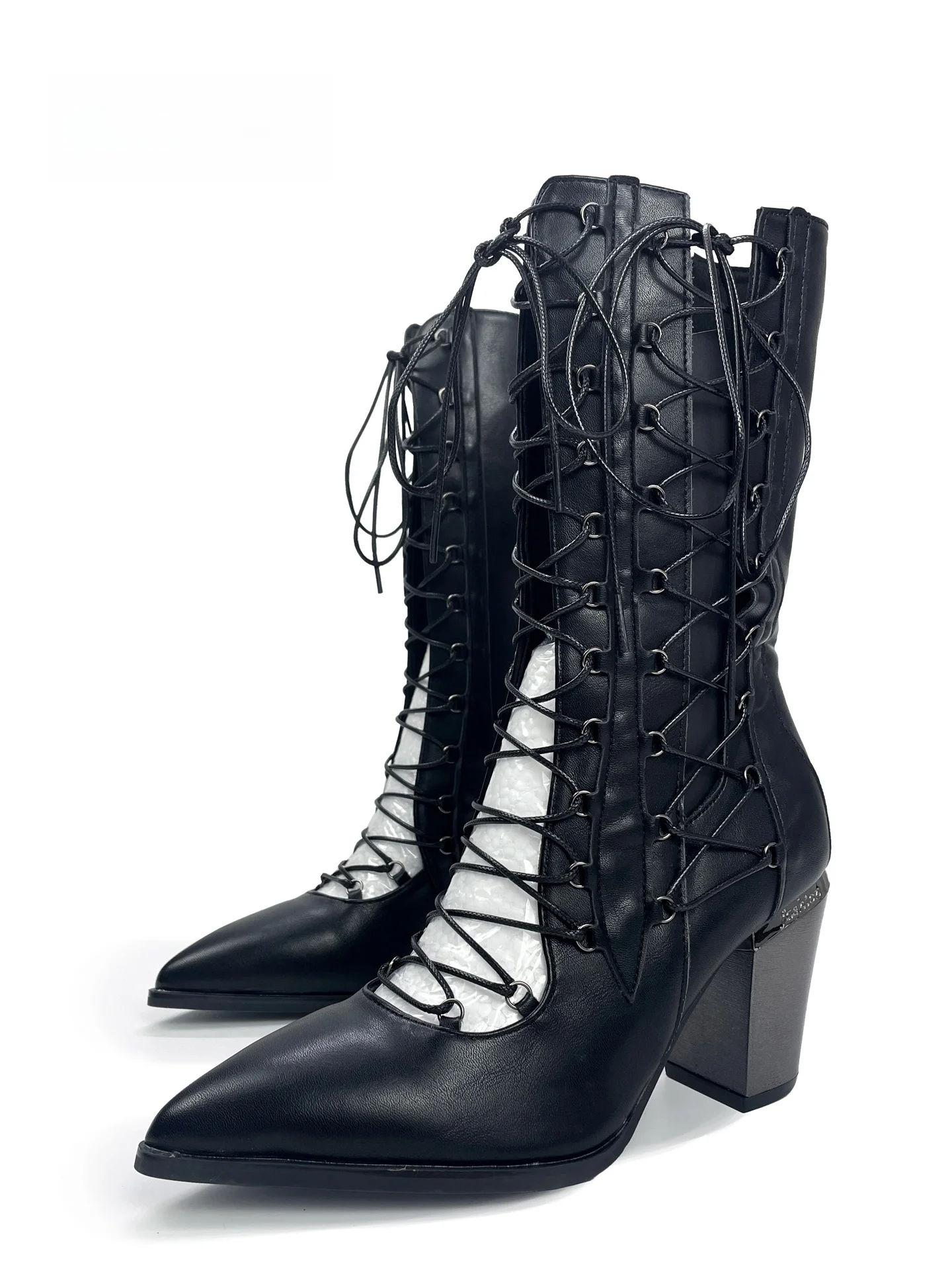 MibVias Original Dark Style Hollow out Pointed Toe Thin Strap High Heels Women's Fashion Boots Increased Height Shorty Boots