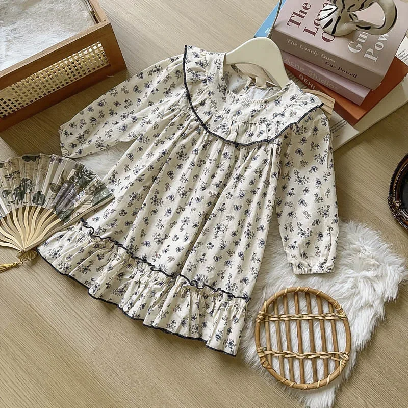 

2025 Spring Autumn New Sweet Loose and Gentle Princess Floral Doll Collar Long Sleeved Kids Baby Girls Dress Fashion