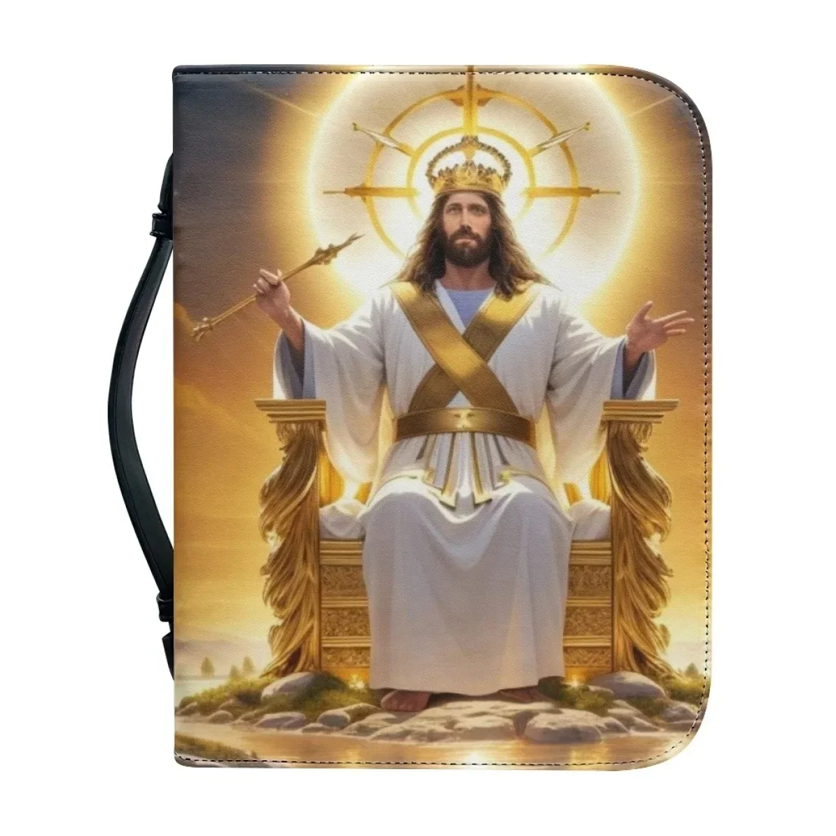 

King Jesus Pattern Print Handbags for Women Leather Zippered Handle Bible Bag Hot Practical Bible Study Book Holy Storage Boxes