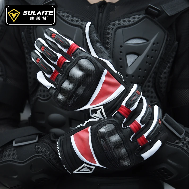 SULAITE Motos Motorcycle Gloves Leather Riding Carbon Fiber Racing Gloves Guante Cycling Mtb Driving Des Gants Sheepskin Gloves