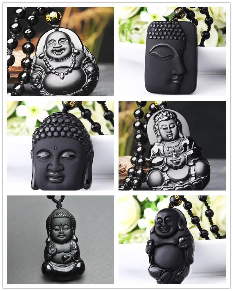 Natural Black Obsidian Carved Chinese Handwork Laughing Belly Buddha GuanYin Lucky Amulet Pendant Necklace Trendy Gift Jewelry