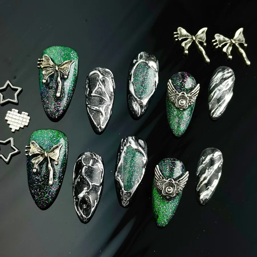 

10 шт., накладные ногти ручной работы, авангардные и великолепные носимые ногти, сверкающий зеленый + металлическая текстура, клейкие накладные ногти
