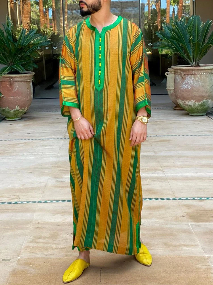 Thobe musulman à manches longues pour hommes, Robe à motif imprimé rayé, Moyen-Orient, Arabie saoudite, Maroc islamique, Dubaï, Abaya, Eid, Été, 2024