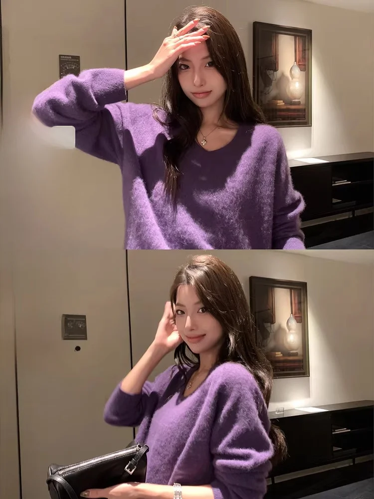 

Женский трикотажный джемпер EKOOL с V-образным вырезом, из плотной шерсти, свободного кроя, осенне-зимний, стройнящий, для повседневной носки