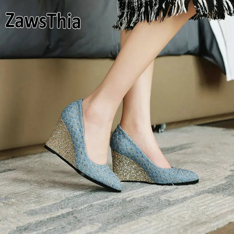 QPLYXCO 2020 New Spring Autumn Plaid Checked Tweed Woman Glitter Bling Wedges High Heels Ladies Elegant Pumps Big Size 44