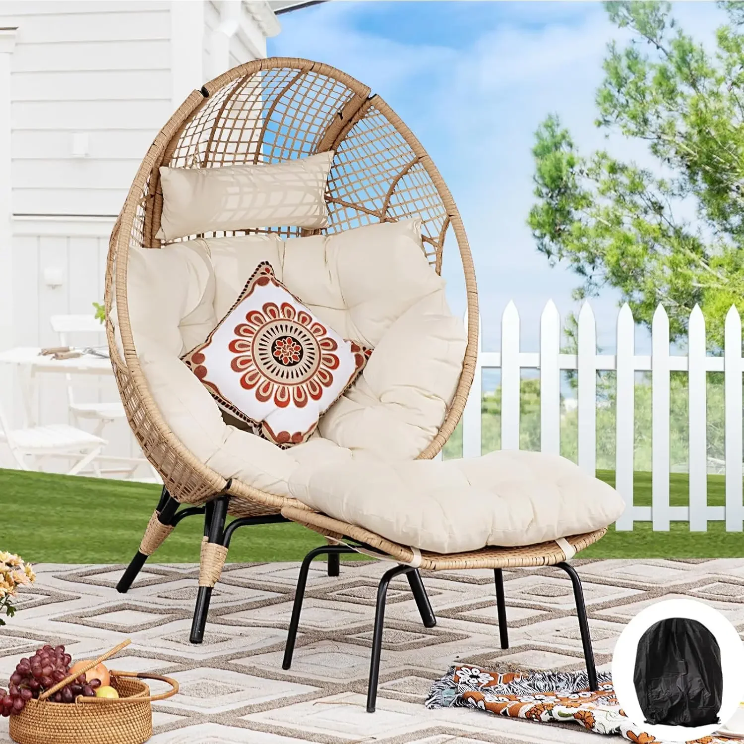 

Wicker Egg Chair with Legs and Ottoman Outdoor Indoor Egg Basket Lounge Recliner Chair with Footstool for Bedroom Patio Balcony