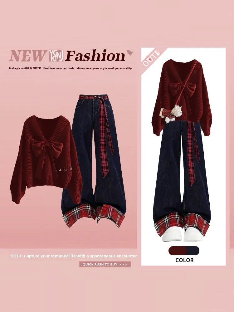 

Retro Korean Style Sweet Knot Knitted Sweater Plaid Denim Pants Women's Winter Fashion Age-Defying Two-Piece Set