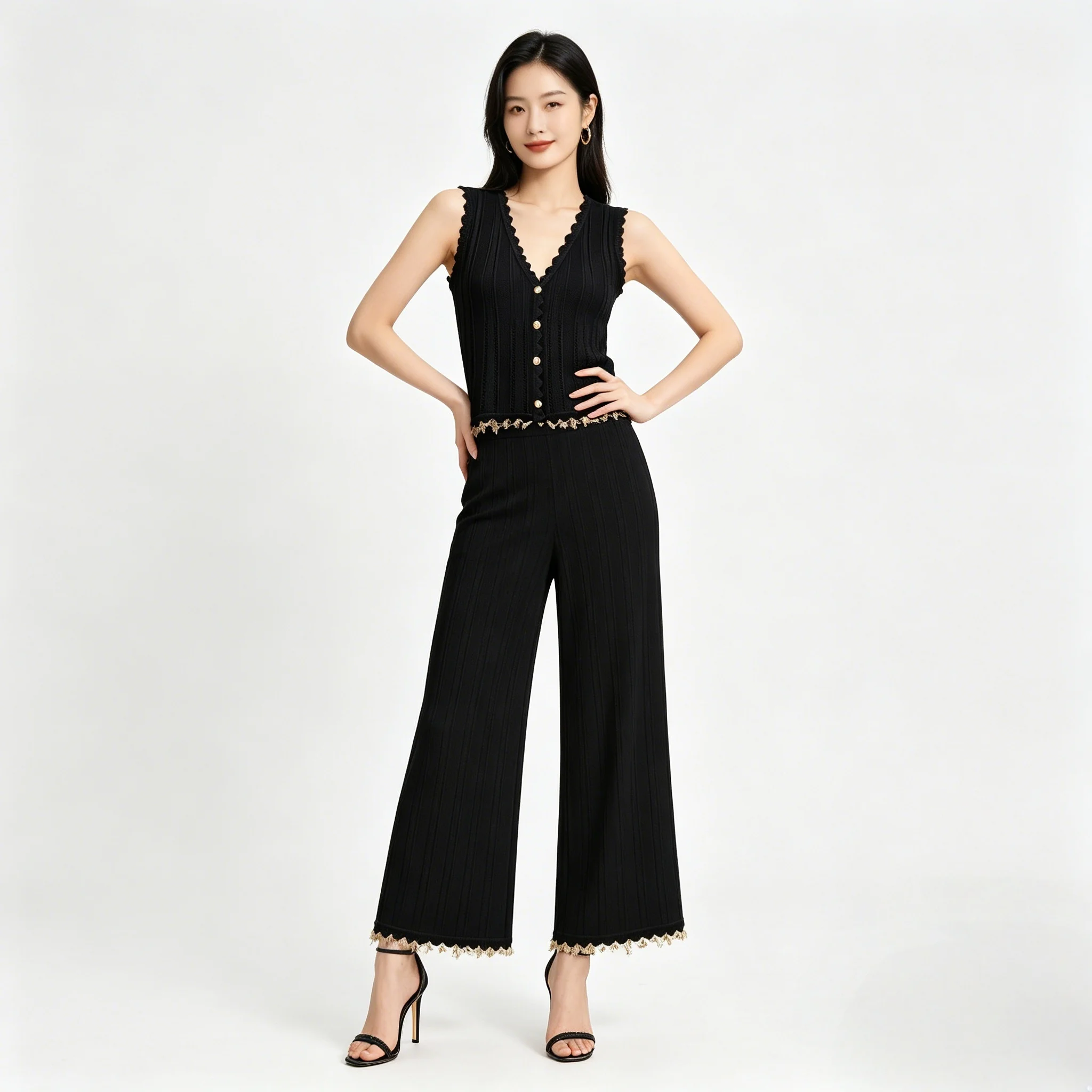 Women Summer Elegant Fashion Knit Vest + Wide Leg Pants Set