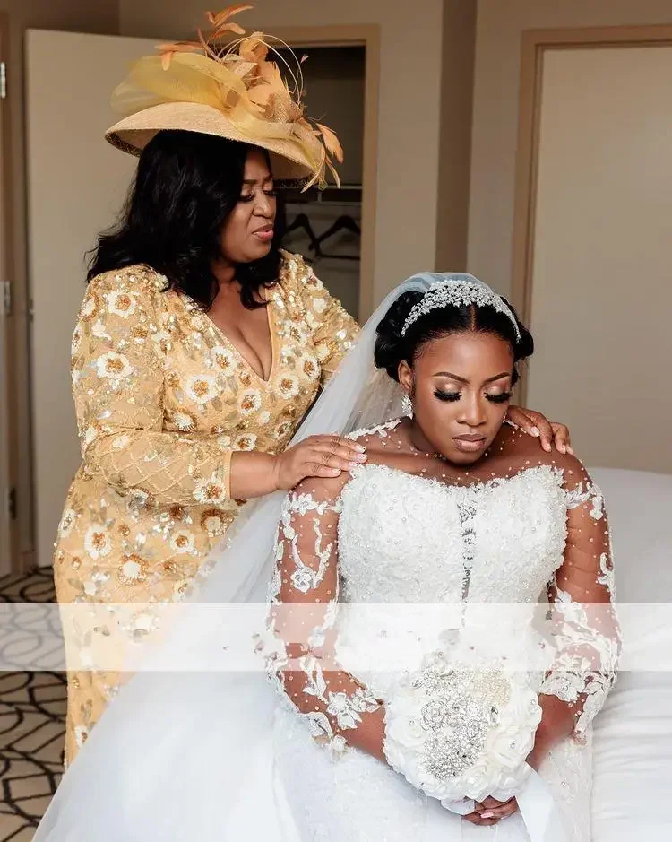 Maßgeschneidertes wunderschönes Brautkleid mit O-Ausschnitt und Spitze und Perlen, Sweep-Zug, lange Ärmel, Vestidos De Noiva, Meerjungfrau, afrikanisches Brautkleid