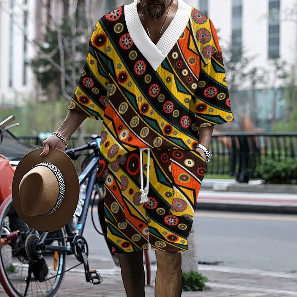 Traje informal de verano para hombre, ropa de calle con estampado Digital, cuello en V grande, Jacquard, holgado, manga corta, Europa y Estados Unidos