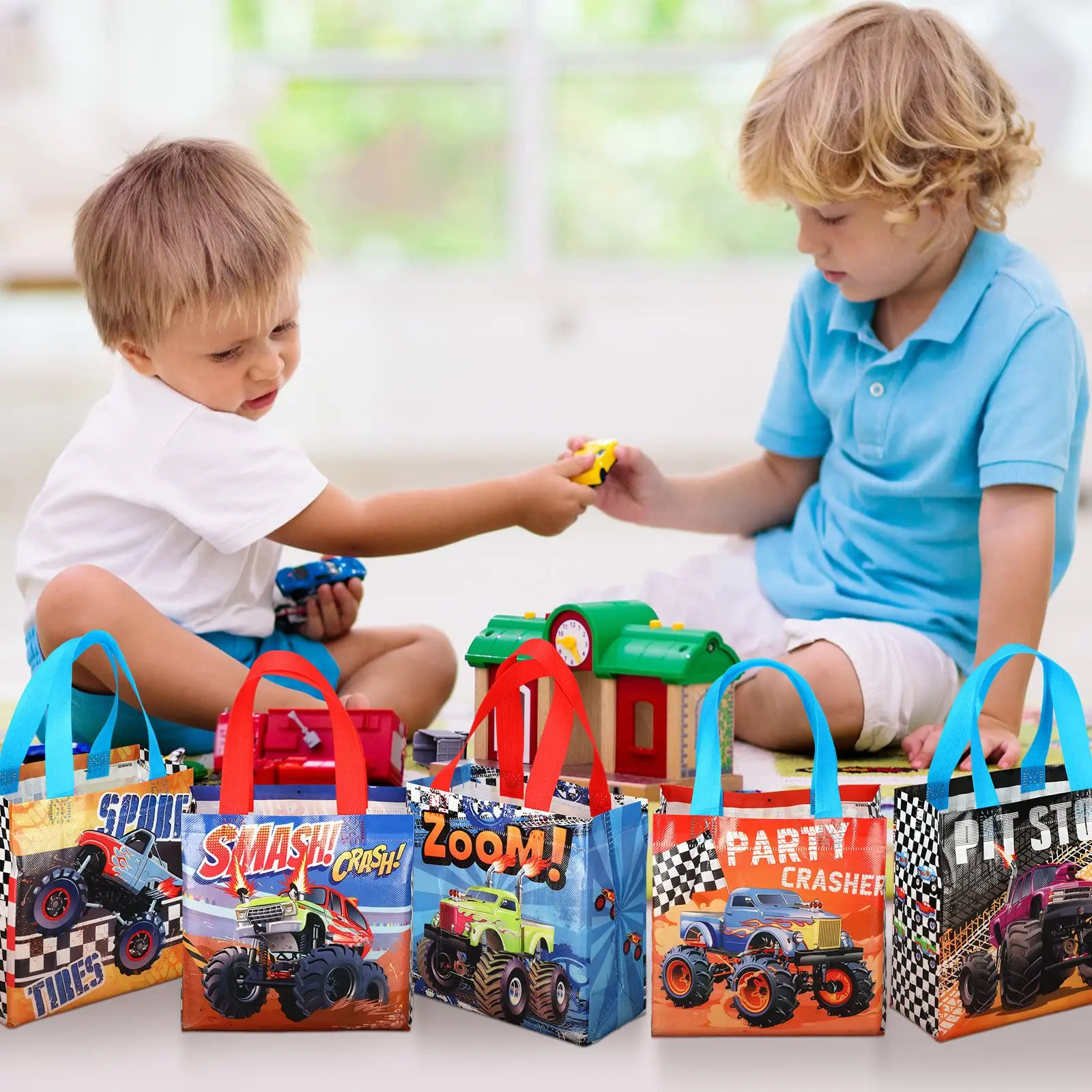 15Pcs Monster Truck Non-Woven Bags Racing Gift Tote Bag Treat Bags with Handles Boy Monster Truck Themed Birthday Party Supplies
