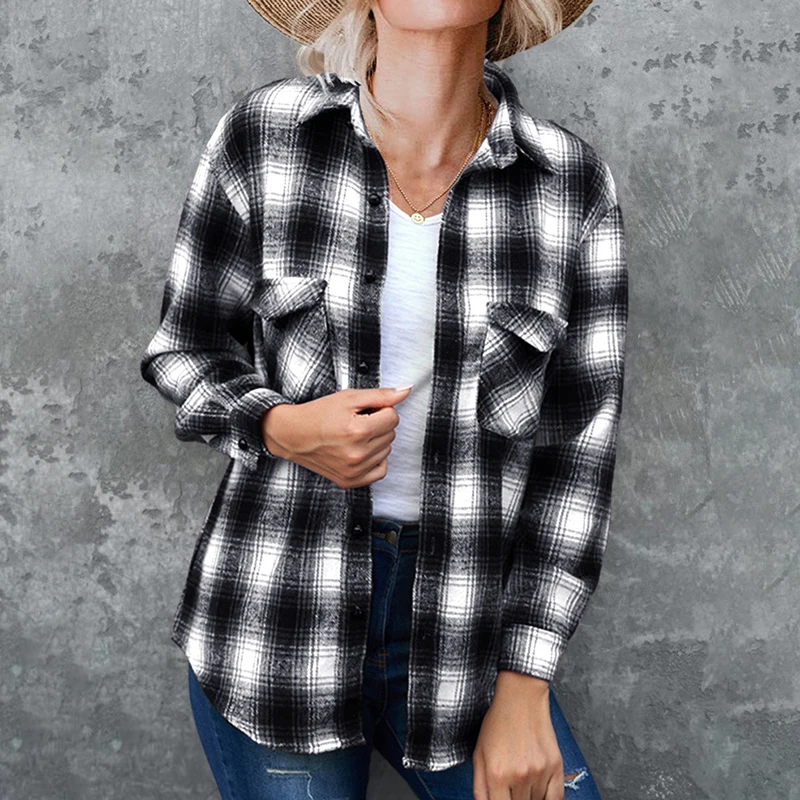 

New Autumn Women Long Sleeve Tops Fashion V Neck Blouse Classic Plaid Printing Top Shirt Shirts Loose Button Loungewear Blouses