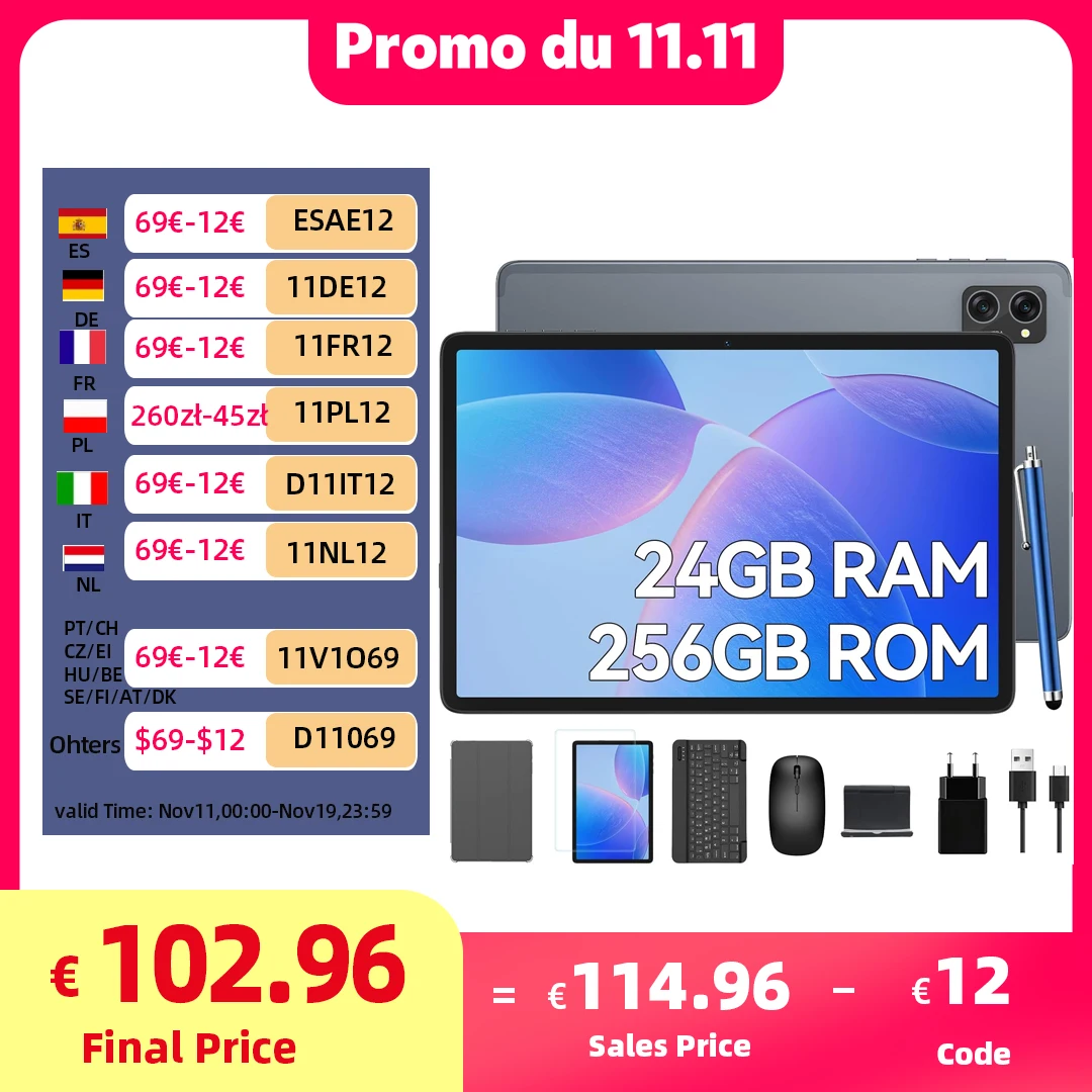 Tablette TABWEE T90 Android 15 avec clavier BT, souris - Gemini AI, 24 Go (8 + 16) RAM 128 Go ROM, Octa Core T615, tablette de jeu 11 pouces