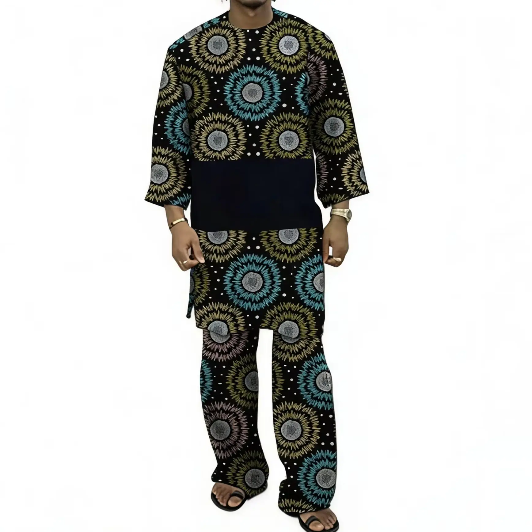 African Design Couture Men's Patchwork Shirt And Elastic Waist Pants Set Traditional Print Tailored Party Outfit