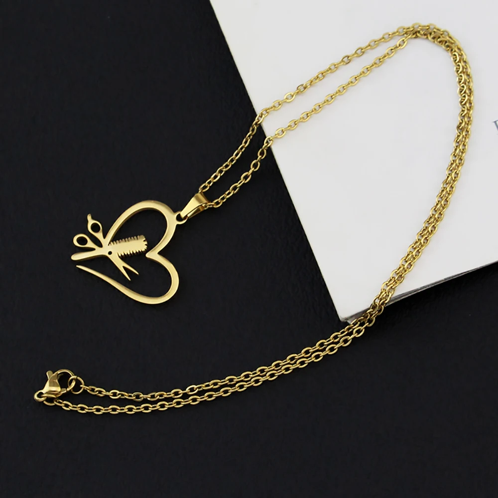Heart Shape Scissors Comb Pendant Necklace Hairdresser Charm Necklace Barber Salon Worker Jewelry Gift